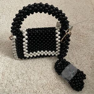 Kate Spade Black and White Beaded Crossbody Bag with Intricate Design